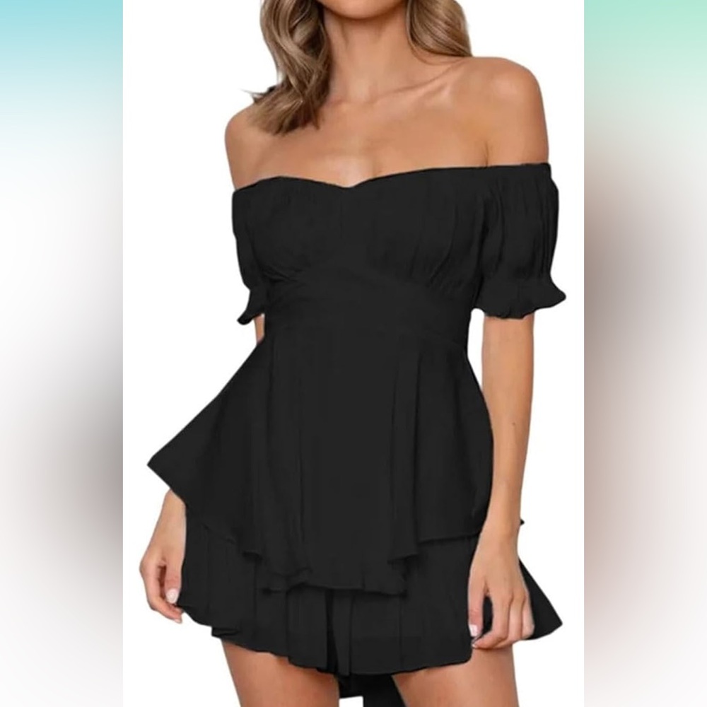 Womens Off Shoulder Short Sleeve High Waist Ruffle Romper in Black New